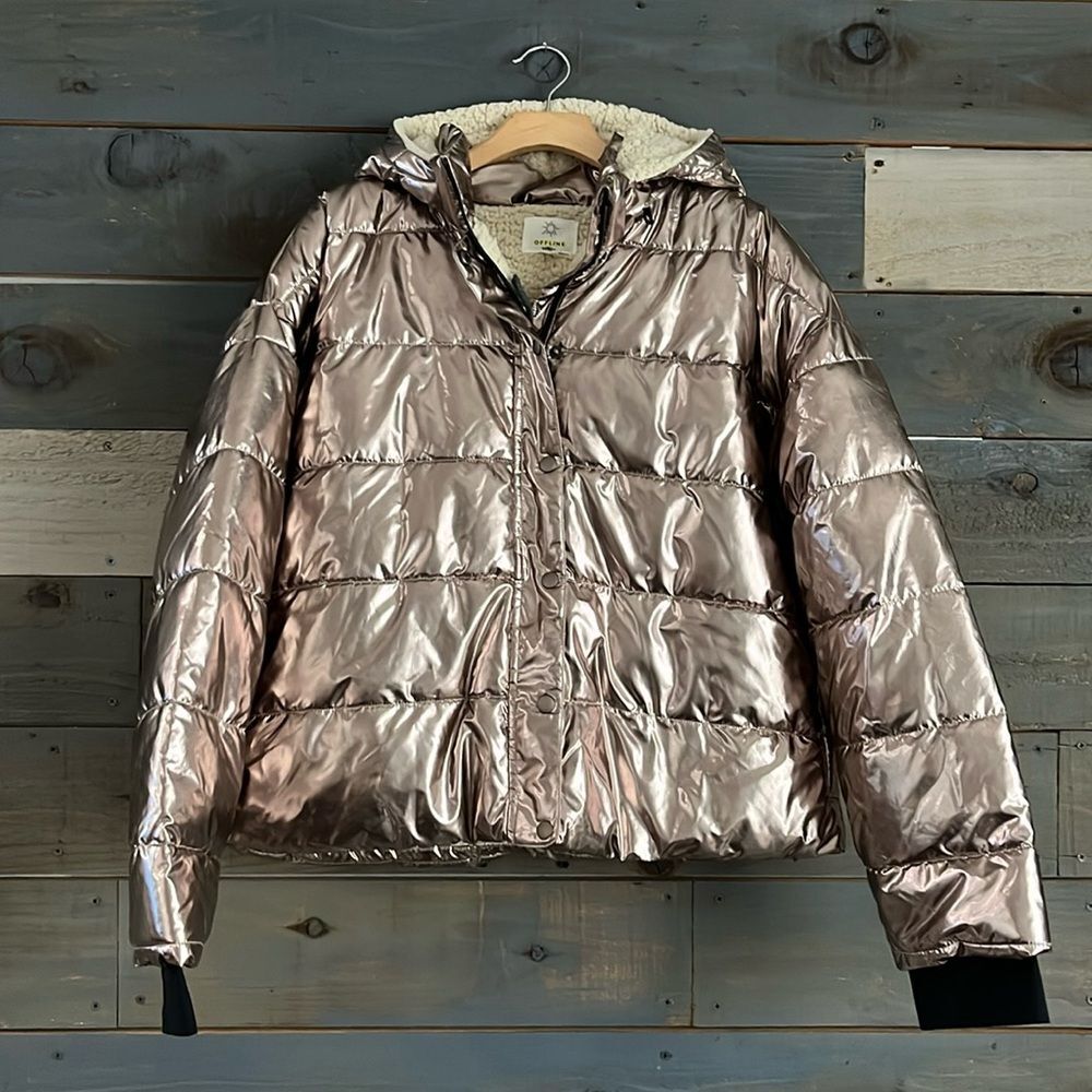 Offline by Aerie Shiny Metallic Puffer Sherpa Lined Jacket Hooded XL